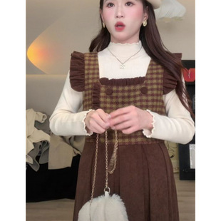 in stock Maternity Autumn and Winter New Plaid Woolen Skirt Sweater Two-piece Set Pleated Skirt Dress