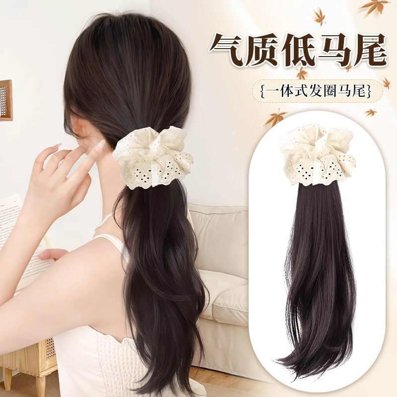 Wig Ponytail for Women, Lazy Side Pear Blossom Long Curly Hair Clip, Low Ponytail, Ruth's Same Style Large Intestine Hair Tie, Fake Braids