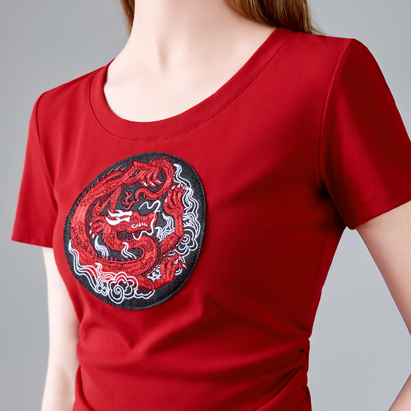 Camiseta de manga corta bordada de estilo chino para mujer verano 2025 nuevo estilo plisado cintura corta algodón camiseta curvada debajo de cien tops image 2