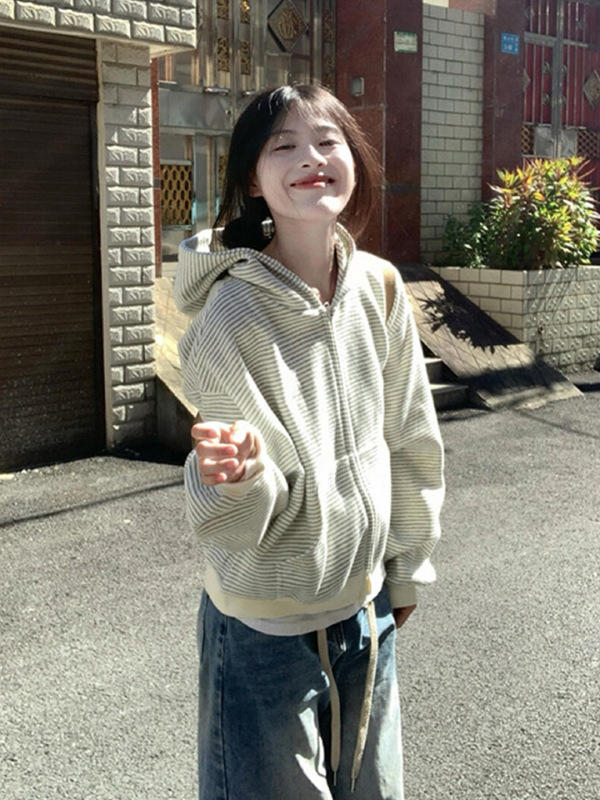 初秋条纹卫衣外套女款秋冬季2025新款韩系氛围感早秋穿搭上衣短款|undefined