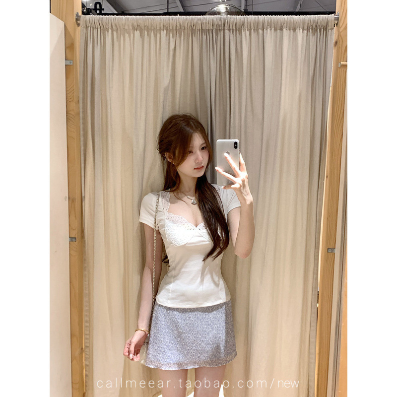 In-Stock 210g Fine Cotton Spliced Design Waist-Cinching Slimming Lace Short-Sleeve T-Shirt for Women, Summer Spicy Girl Style, Short Pure Desire Style In-Stock 210g Fine Cotton Spliced Design Waist-Cinching Slimming Lace Short-Sleeve T-Shirt for Women, Summer Spicy Girl Style, Short Pure Desire Style