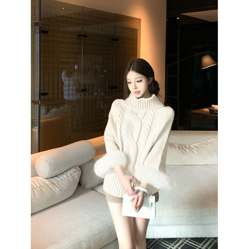 昕可达【京洛佳人】袖口狐狸毛高领羊毛混纺麻花针织上衣毛衣女|undefined