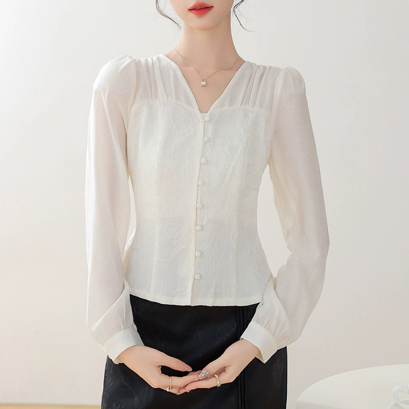 Рельефная новая китайская жаккардовая шифоновая рубашка женская ранняя весна 2025 года дышащая белая блузка