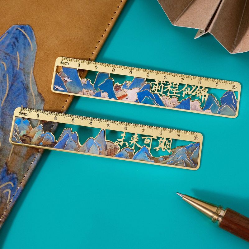 New Year's Cultural and Creative Chinese-Style Gifts and Souvenirs, Thousand-Mile Landscape Metal Ruler, Hollow Bookmark, Custom Stationery Wholesale