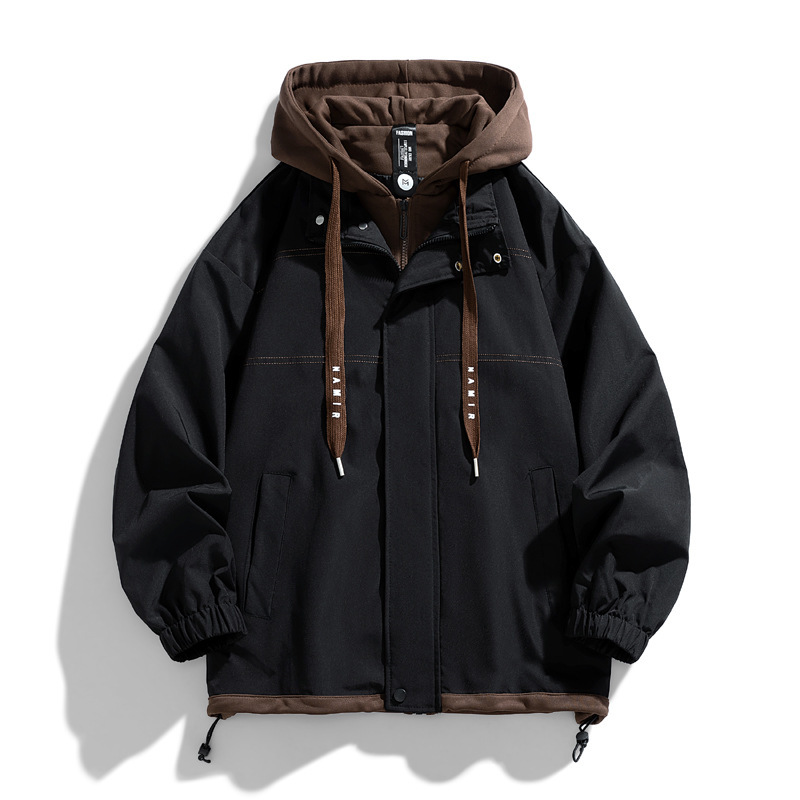 Fake two-piece jacket men's thin hooded jacket youth autumn and winter New popular color matching high-grade baseball uniform men Fake two-piece jacket men's thin hooded jacket youth autumn and winter New popular color matching high-grade baseball uniform men