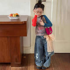 女童韩系秋季2025新款卡通印花拼色上衣百搭假两件牛仔裤两件套潮