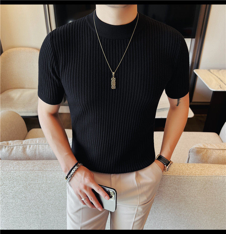 Herren Schwarz Hochgeschlossener Kurzarm Strickpullover Slim Fit_voghion.com