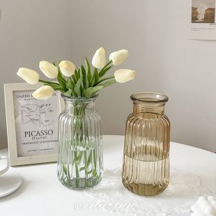 Transparent Glass Vase Vertical Stripes Living Room Ornaments Wide Mouth Decorative Flower Pot Hydroponic Flower Desktop Simple and Modern