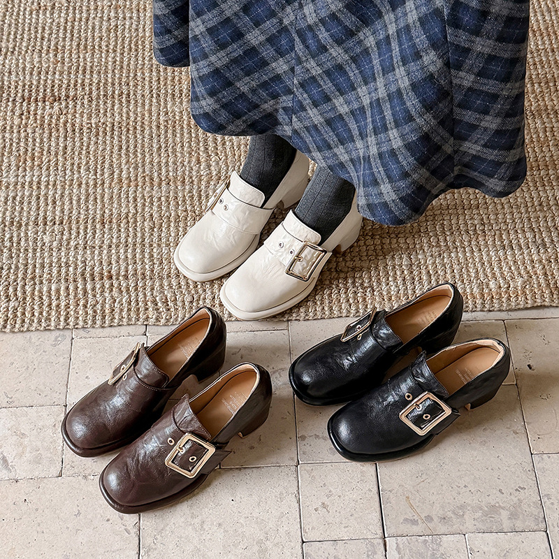 Giày cao gót nữ loafer da cừu gót vuông 7 cm — màu nâu