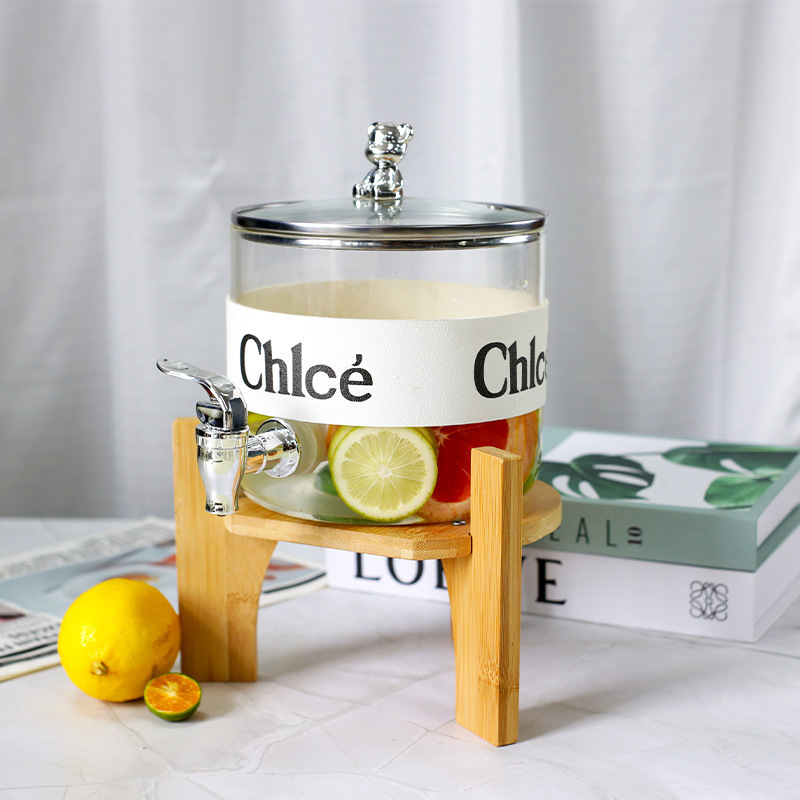 Wooden Frame Ice Bucket, High Temperature Resistant High Borosilicate Waterware, Electroplated Water Cup Set, Cold Water Jug with Faucet, Bear-Shaped Refrigerator Cold Brew