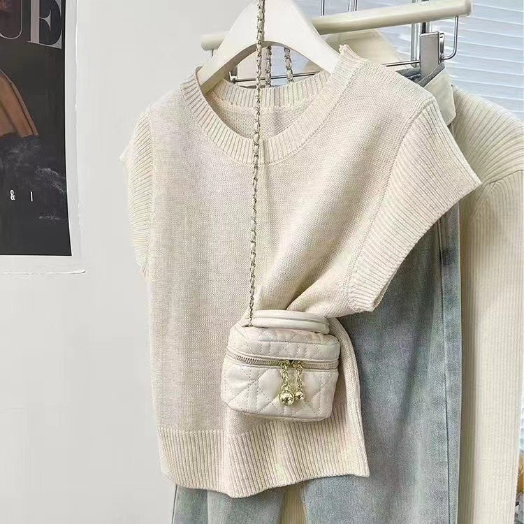 Prendas de punto sin mangas con hombros de color azul grisáceo, manga corta para mujer, sentido de diseño de primavera y verano, chaleco de nicho, camiseta de manga voladora pequeña, top image 7