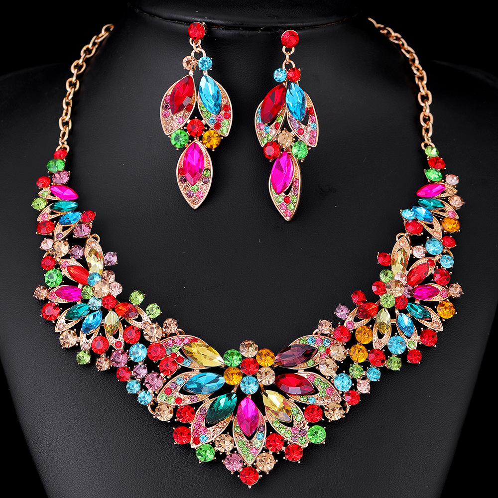 跨境欧美礼服饰品首饰套装 项链耳环两件套 彩色花朵新娘服装配饰