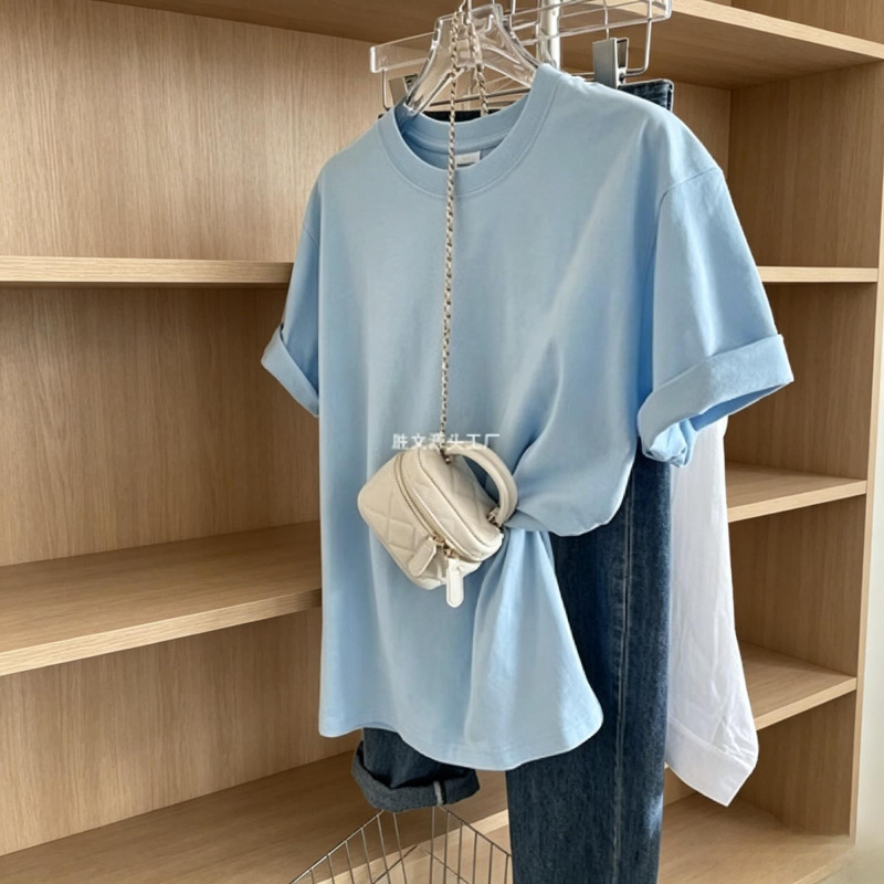 Pure Cotton Blue Short-Sleeved T-Shirt for Women, New Summer Style, Loose and Slimming, Solid Color T-Shirt, Simple and Versatile Half-Sleeved Top