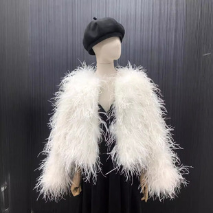 鸵鸟毛丝绒短款外套Feather Cuff Cropped Blazer main image 0