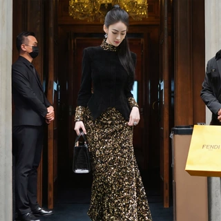 礼服裙2026秋装新款女名媛气质丝绒收腰拼接亮片包臀连衣裙21965