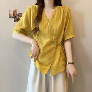 2025 New Summer Fashion Collar Multi-Button Lace-Up Polyester Short-Sleeved Shirt That Covers the Flesh and Looks Slimming