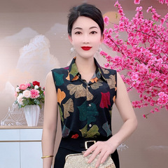 23163春の弾力性のある氷羽シルクプリントの花のシャツの大きいサイズの女性のシャツは痩せていて肉の中を隠します。