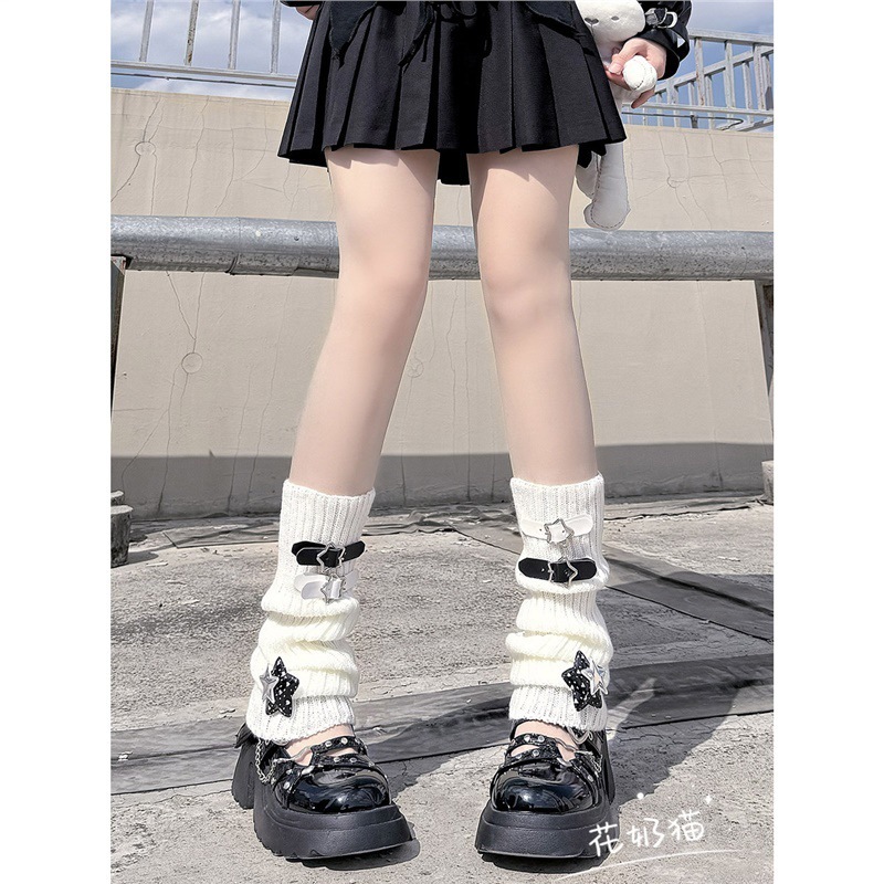y2k レザーバックルスターニットパイルソックス女性のための秋と冬のウールカーフソックスホワイトレッグカバーサブカルチャーホットガール|undefined