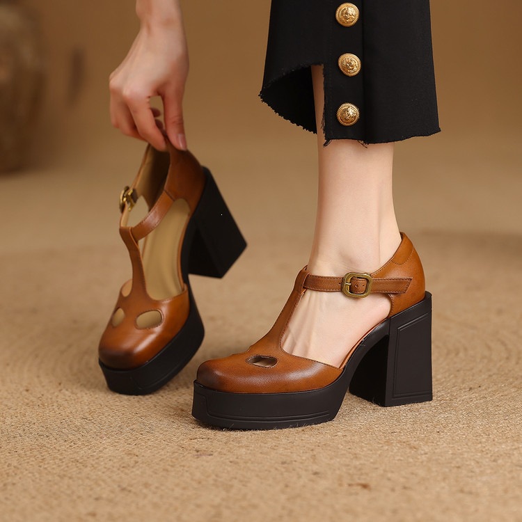 Sandal nữ đế xuồng platform gót vuông phong cách vintage khóa kim loại — màu nâu, màu đen chi tiết 31