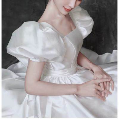 旅拍婚紗緞面簡約2021夏季輕紗複古方領敬酒服泡泡袖蝴蝶結晚禮服