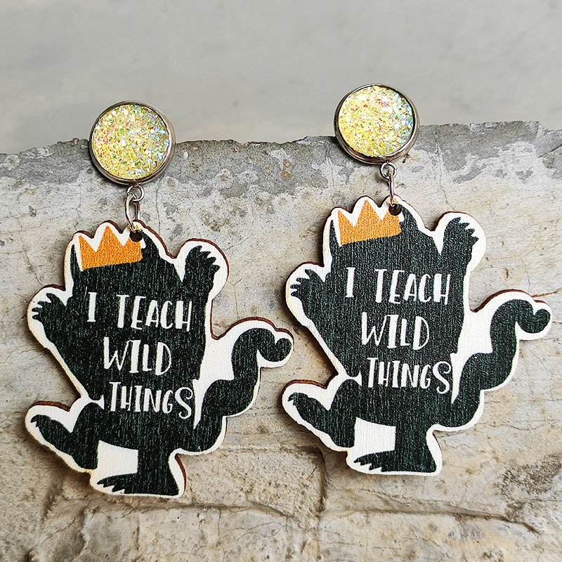 1 Pair Retro Funny Human Animal Letter Wood Drop Earrings display picture 3