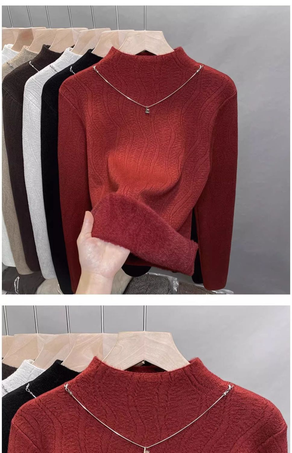 Damen-Fleece-gefütterter Strickpullover – Halbhoher Rollkragen, dickes Winter-Thermooberteil (Weiß, Schwarz, Beige, Khaki, Grau, Rot, Camel, Braun)_voghion.com