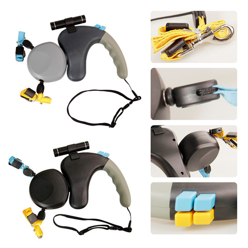 Dog Walking Supplies Dual-Head Leash for Two - New Product, Factory Direct Supply, Built-in Flashlight Clip, Controlable Telescopic Length