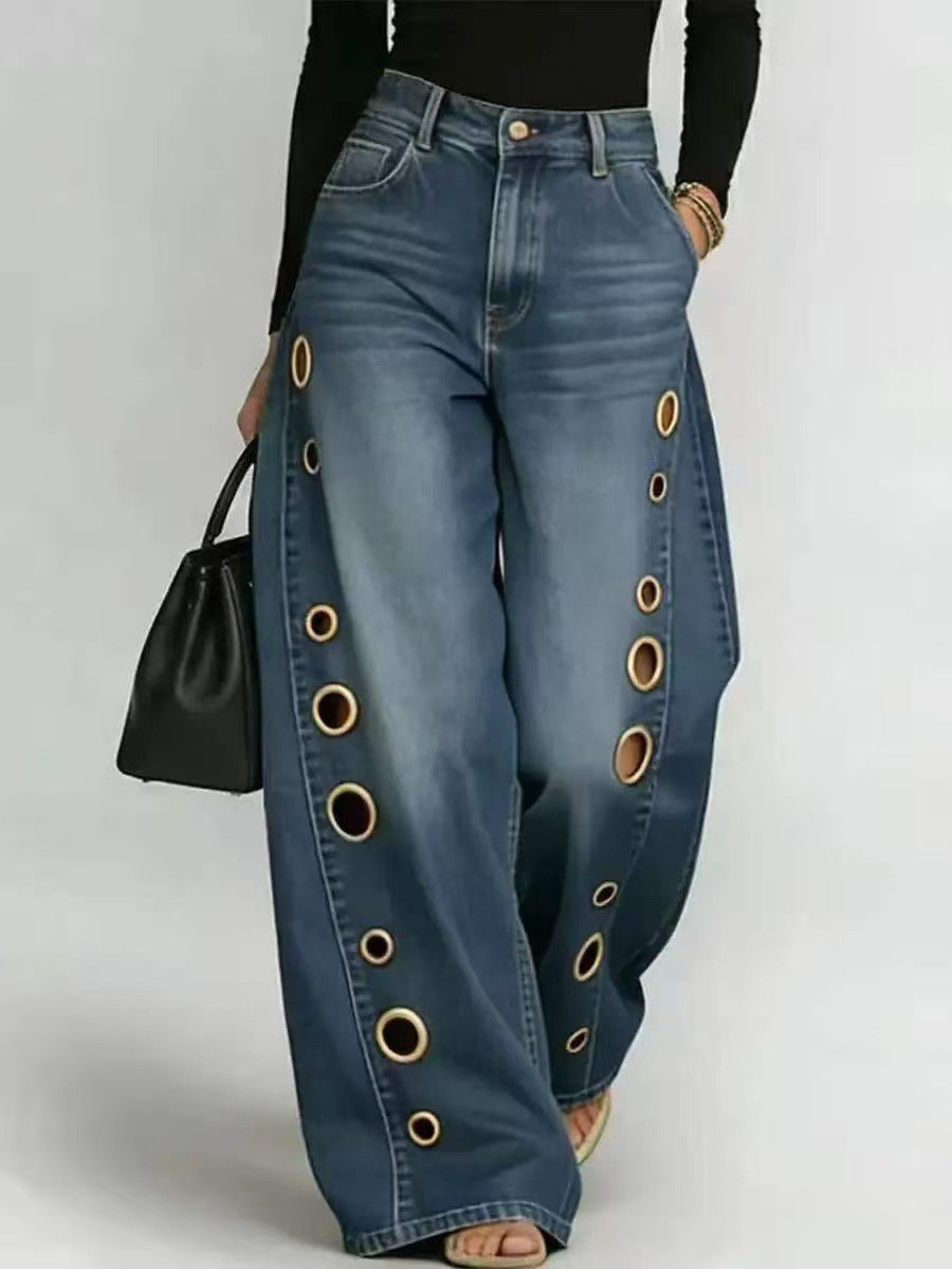 LD2814 Women's Straight Leg Jeans Whiskered Wash Loose Fit Curved Eyelet New Export_mkmklike.com