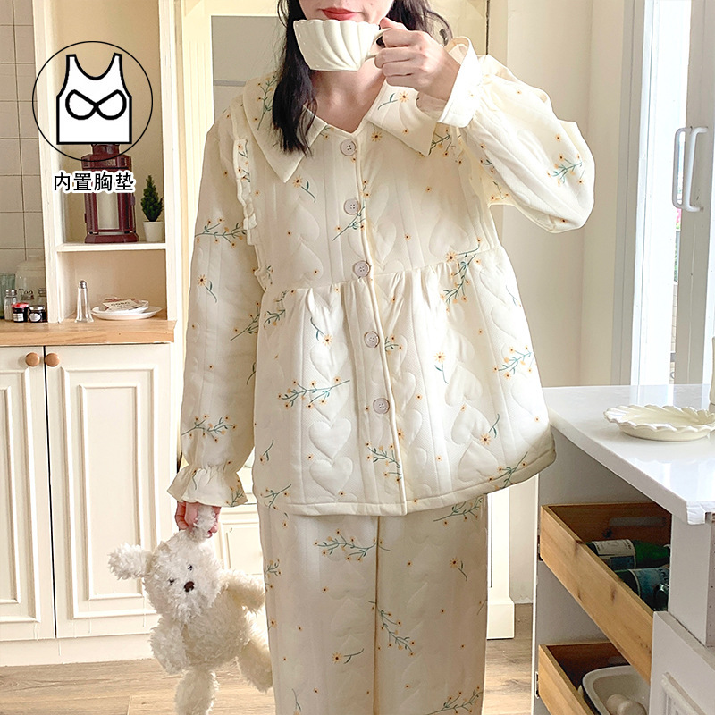 Autumn and Winter New Air Cotton Confinement Clothes with Chest Pads, Thickeneded Maternity Pajamas, Outing Nursing Clothes Two-Piece Set