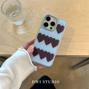 Korean Blue and Brown Heart Suitable for Iphone16 Electroplating 15Promax Apple 13 Mobile Phone Case 14 Hard Anti-Fall 16P