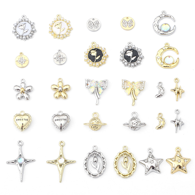 Fairy luster silver tulip six-pointed star bow cross star rose pendant DIY beading material