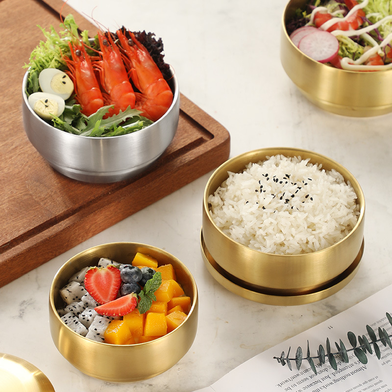 304 tazón de arroz coreano de doble capa de acero inoxidable dorado con tapa tazón de sopa para niños del hogar anti-escaldado burbuja de cocina de Corea del Sur