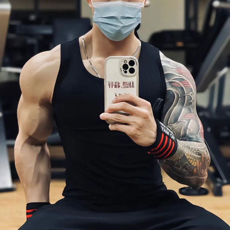 여름 새로운 얼음 실크 조끼 두꺼운 스레드 피트니스 탄성 스포츠 슬림 I 자형 땀 흡수 근육 바닥 추세