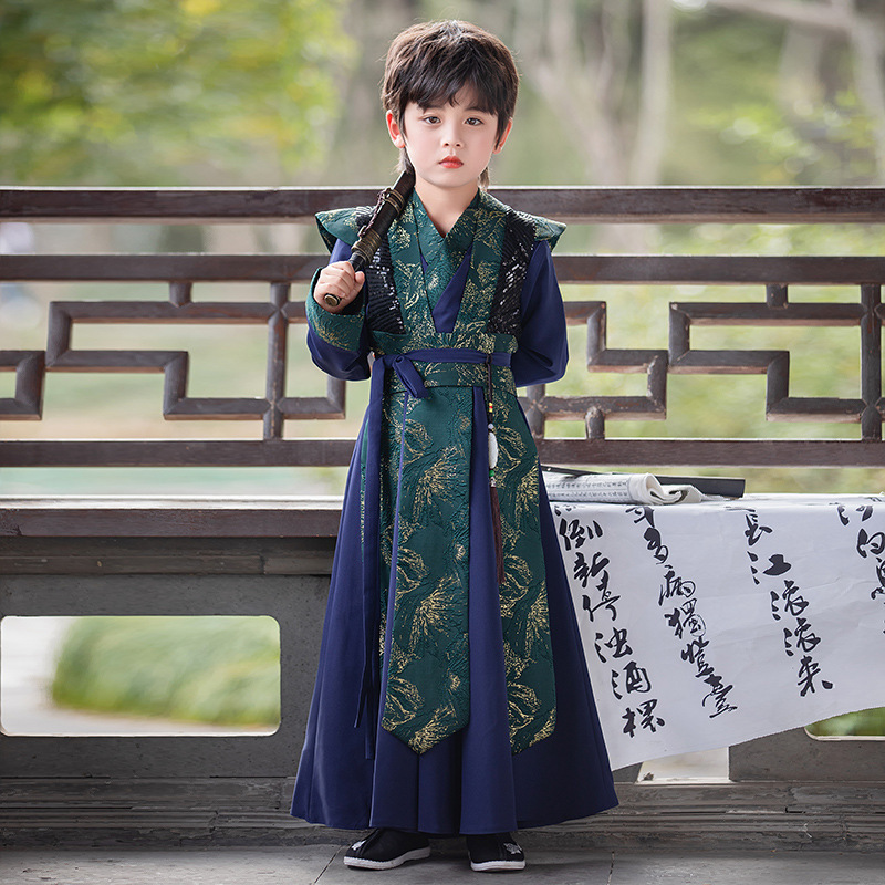 Children's traditional Hanfu for boys: stylish Tang-era attire with an ancient Chinese aesthetic, featuring the iconic Jin Yiwai guard and chivalrous hero look—perfect for cultural performances.