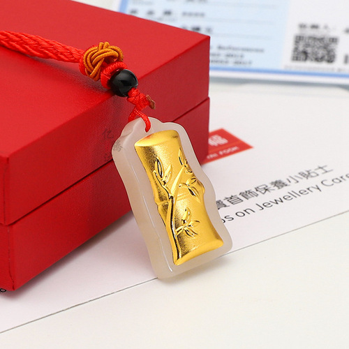 Gold inlaid jade festival high white jade pure gold bamboo pendant insurance bank company gift pendant manufacturer direct wholesale