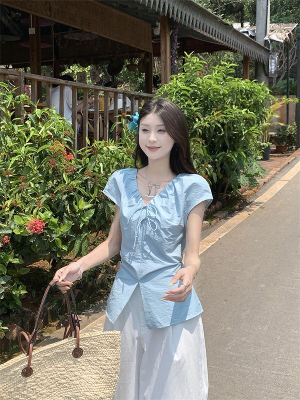 甜美风套装蓝色褶皱短袖衬衫女夏季新款高腰显瘦阔腿裤两件套|undefined
