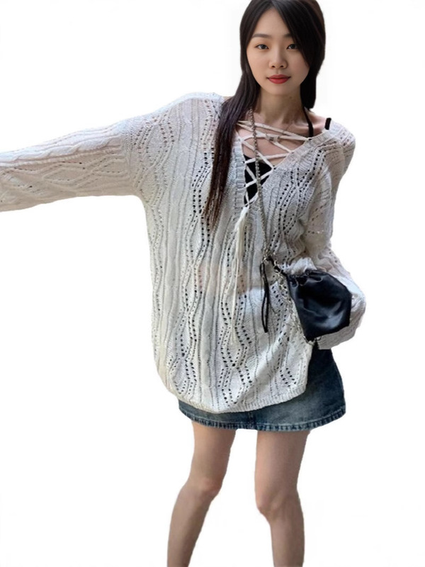 2025 新韓国デザイン中空長袖セータートップ女性の夏怠惰な薄い日焼け止めブラウス|undefined
