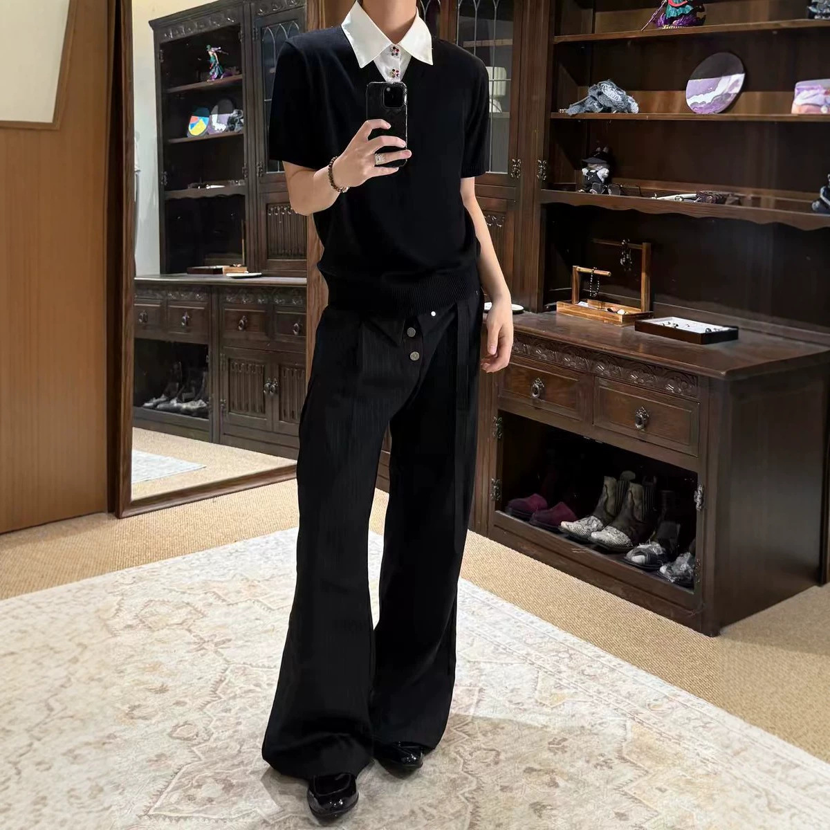 高智感V领假两件polo氛围感针织衫男秋冬季设计感老钱针织毛情侣