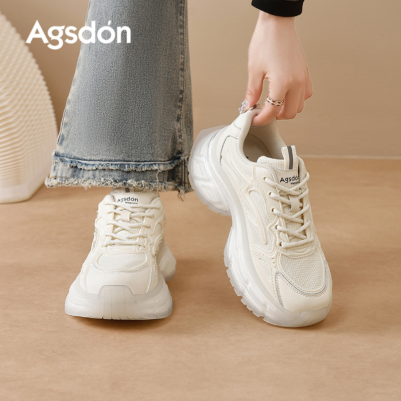 Augu Shi Deng zapatos blancos de papá y mujer 2025 nuevo estilo de otoño estilo de escuela de malla gruesa zapatillas casuales