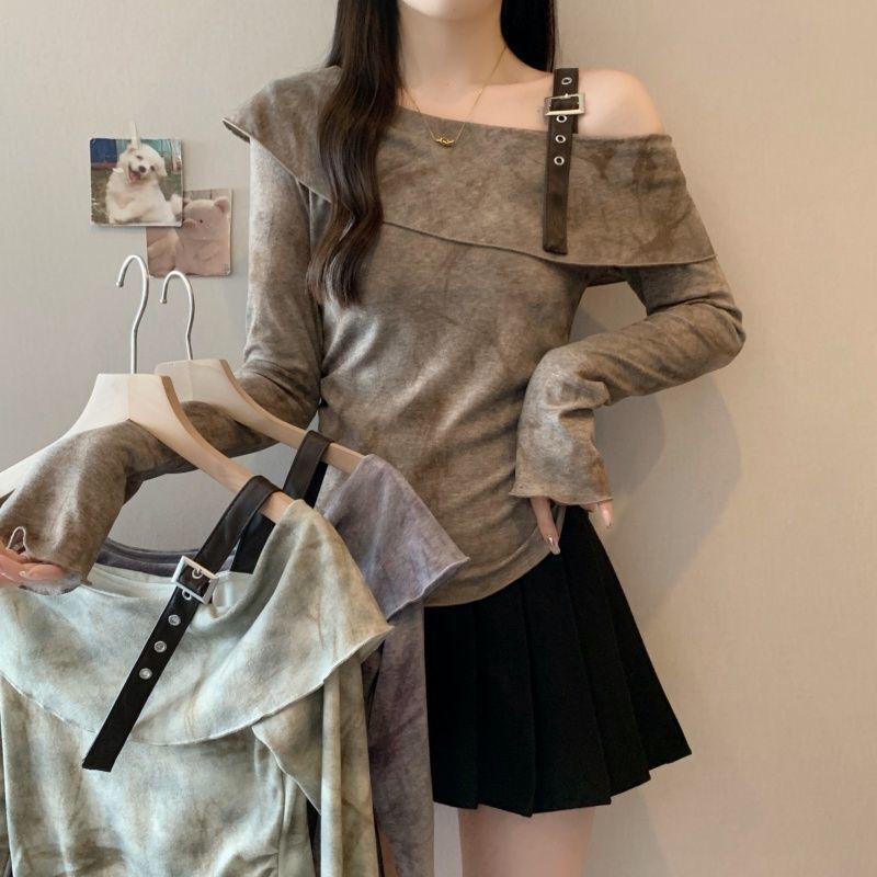 Plus Size Design Tie-Dye Slanted Shoulder Belt Long-Sleeved T-Shirt for Women Autum New Fat mm Slimming Look Cover-Up Outer Top Plus Size Design Tie-Dye Slanted Shoulder Belt Long-Sleeved T-Shirt for Women Autum New Fat mm Slimming Look Cover-Up Outer Top