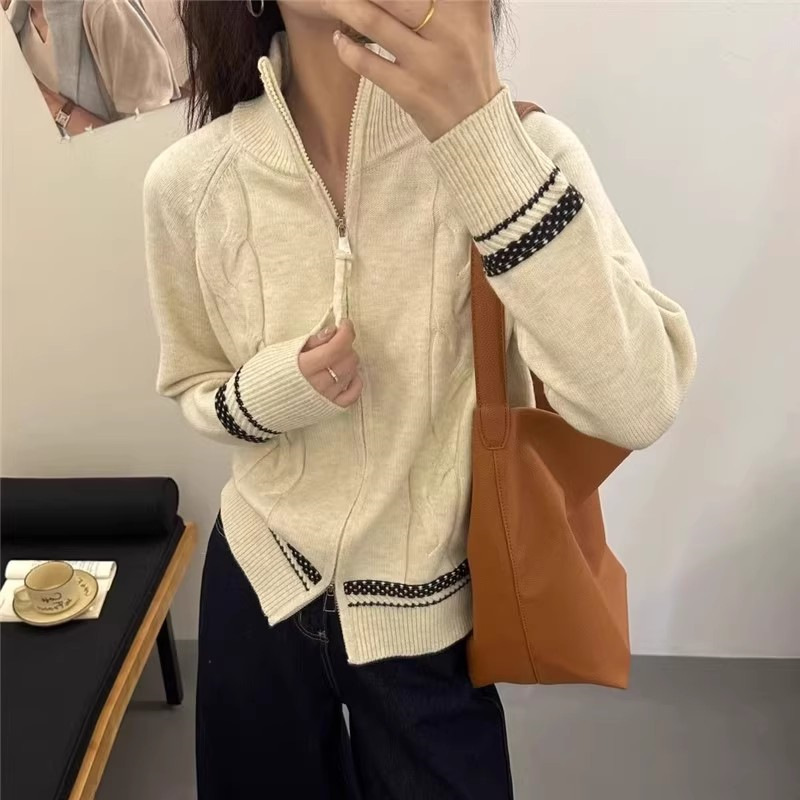 2025秋装新款设计感拉链拼色毛衣女翻领简约休闲针织开衫外套上衣|undefined