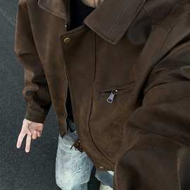 跨境美拉德翻领PU皮夹克美式复古cleanfit短款工装机车外套男宽松