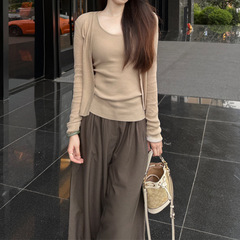 槿一 开衫外套女秋季层次感慵懒风亚麻背心上衣女开衫针织两件套