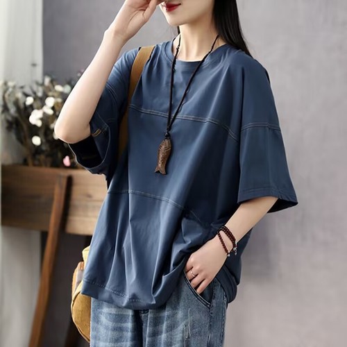 Women's Spring and Summer Striped Collarless T-Shirt Top Loose Casual Retro Slimming Large Size T-Shirt