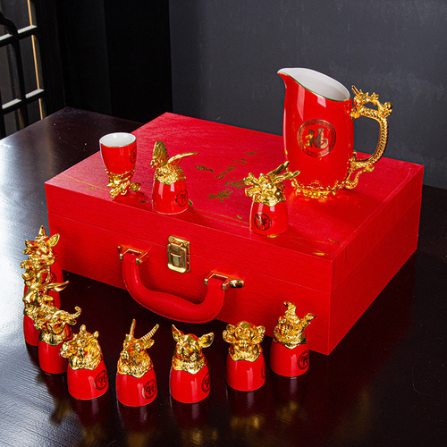 Small-bowl Ceramic Liquor Set with Twelve Zodiac Animal Heads, High-End Gold-plated Gift Wine Glasses and Decanters for Baijiu and Yellow Wine