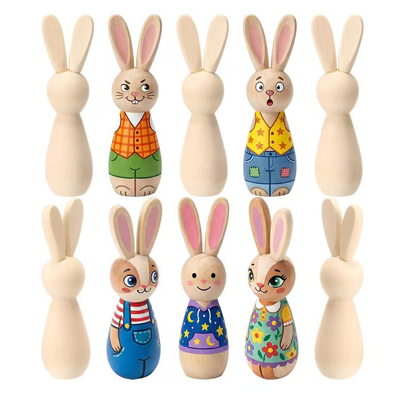 Cross-Border Dropshipping Easter Bunny Natural Wood Color Rabbit DIY Children's Hand-Painted Educational Toy Rabbit Ornament
