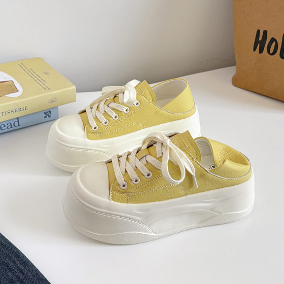 Slip-On Two-Wear Leather Lace-Up Shoes 2025 Spring Women's Sole Sneakers Half-Drag Heightening Thick-Soled Shoes