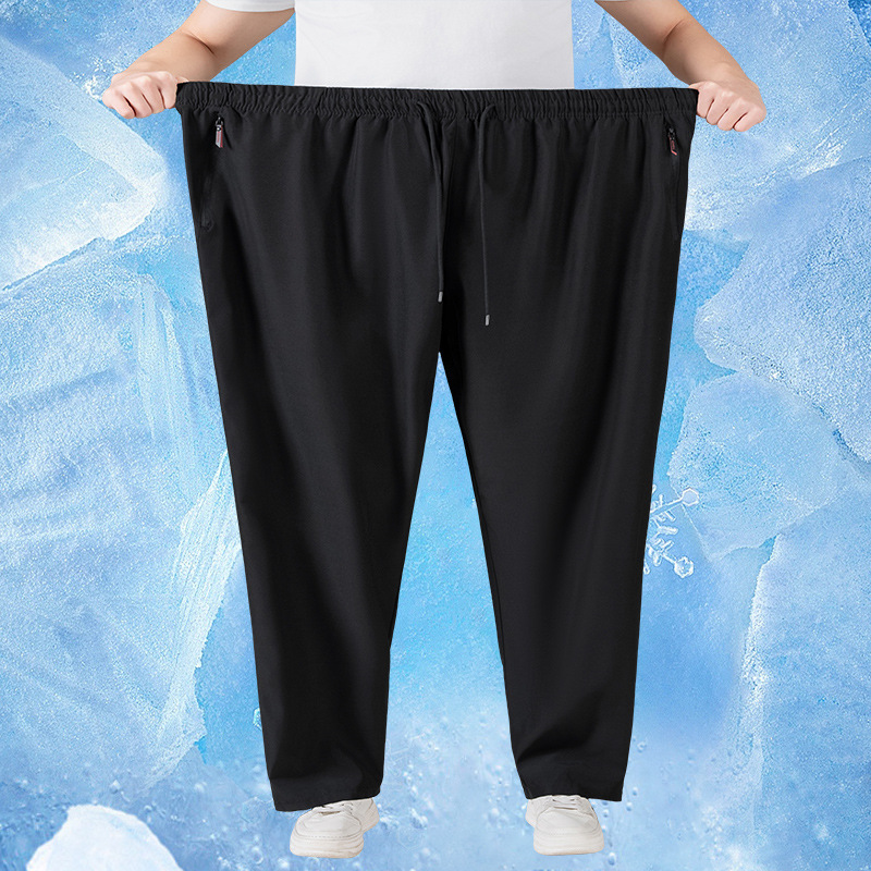 Plus-size men's casual trousers, summer thin long trousers, comfortable four-way stretch ice silk trousers, breathable plus-size casual trousers.