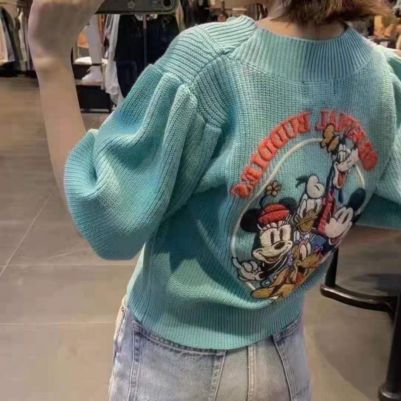 21 Spring/Summer Puff Sleeve Knit Cardigan with Mickey Embroidery on the Back, French Knit Sweater Jacket, Fresh and Sweet Style