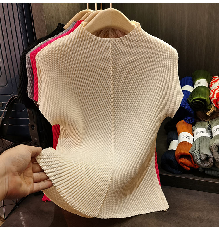 Áo cổ đứng xếp li vảy rồng tay ngắn nữ cao cấp đa năng — Màu đen, Màu đỏ hoa hồng, Màu hồng, Màu xanh lá chi tiết 29